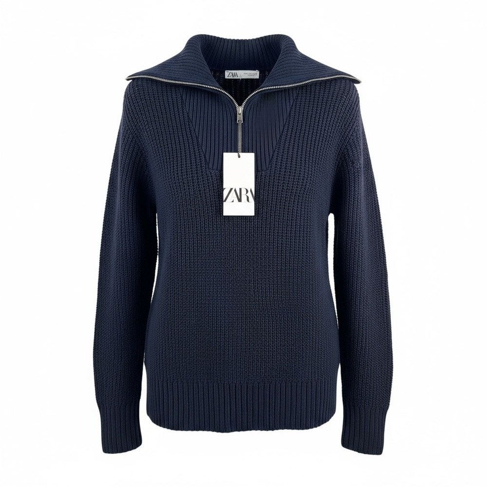 Zara Womens Knit Quarter Zip‎ Open knit Chunky Sweater navy preppy money sz M